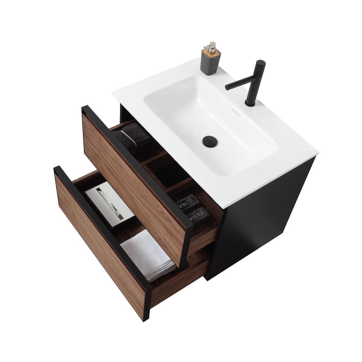 30" Walnut Wall Mount Bathroom Vanity with White Solid surface Countertop – Image 4