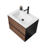 30" Walnut Wall Mount Bathroom Vanity with White Solid surface Countertop - Image 3