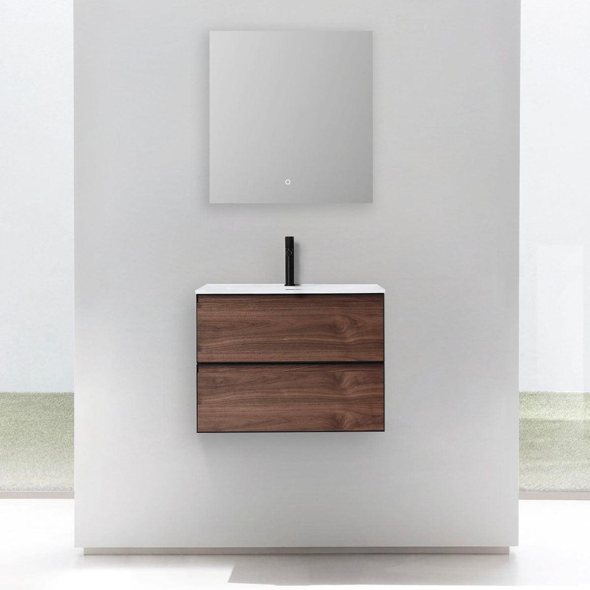 30" Walnut Wall Mount Bathroom Vanity with White Solid surface Countertop – Image 1