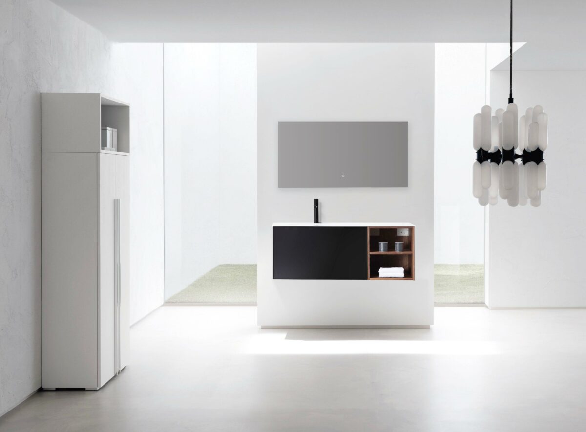 48" Walnut Wall Mount Single Sink Bathroom Vanity with Matte White Solid surface Countertop - Image 1