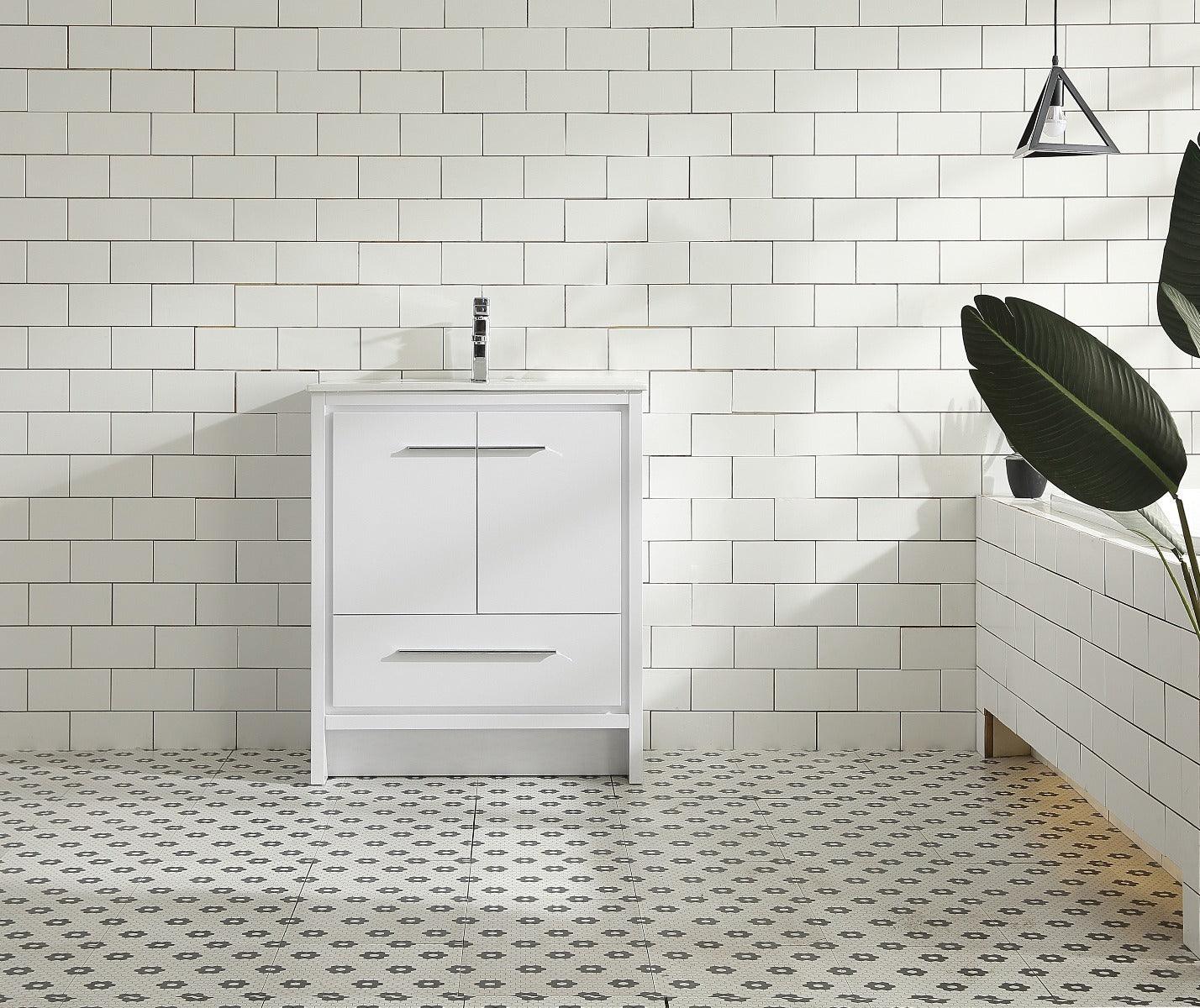 30" Glossy White Freestanding Bathroom Vanity with White Polymarble Countertop – Image 1