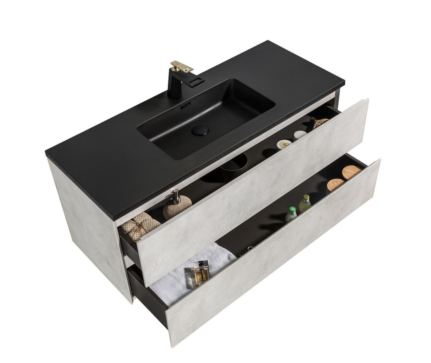 48" Grey Wall Mount Single Sink Bathroom Vanity with Black Engineered Quartz Countertop - Image 5