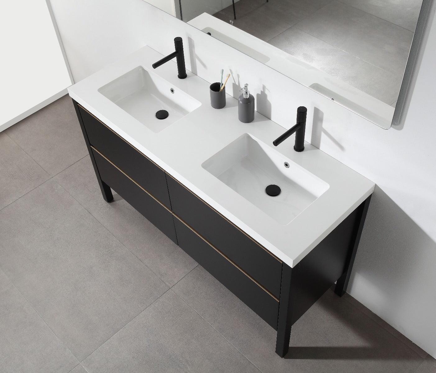 60" Black Freestanding Double Sink Bathroom Vanity with White Quartz Countertop – Image 5