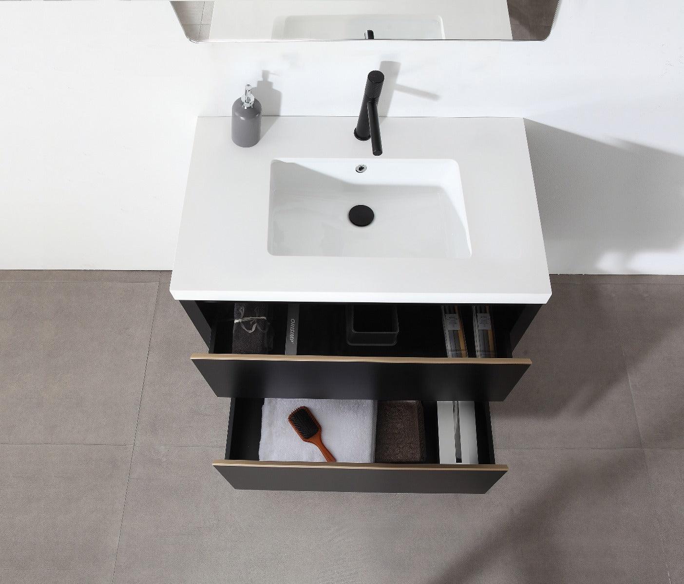 30" Black Freestanding Single Sink Bathroom Vanity with White Quartz Countertop – Image 5