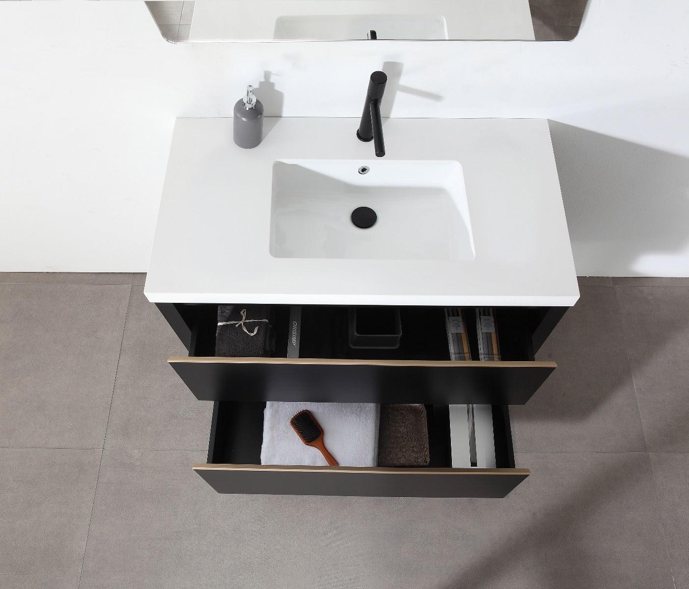 36" Black Freestanding Single Sink Bathroom Vanity with White Quartz Countertop – Image 6