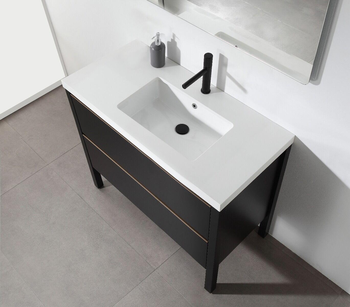 42" Black Freestanding Single Sink Bathroom Vanity with White Quartz Countertop - Image 3