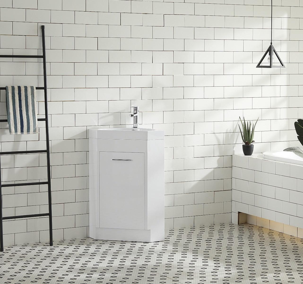 18" Lily White Freestanding Corner Bathroom Vanity with White Polymarble Countertop – Image 1