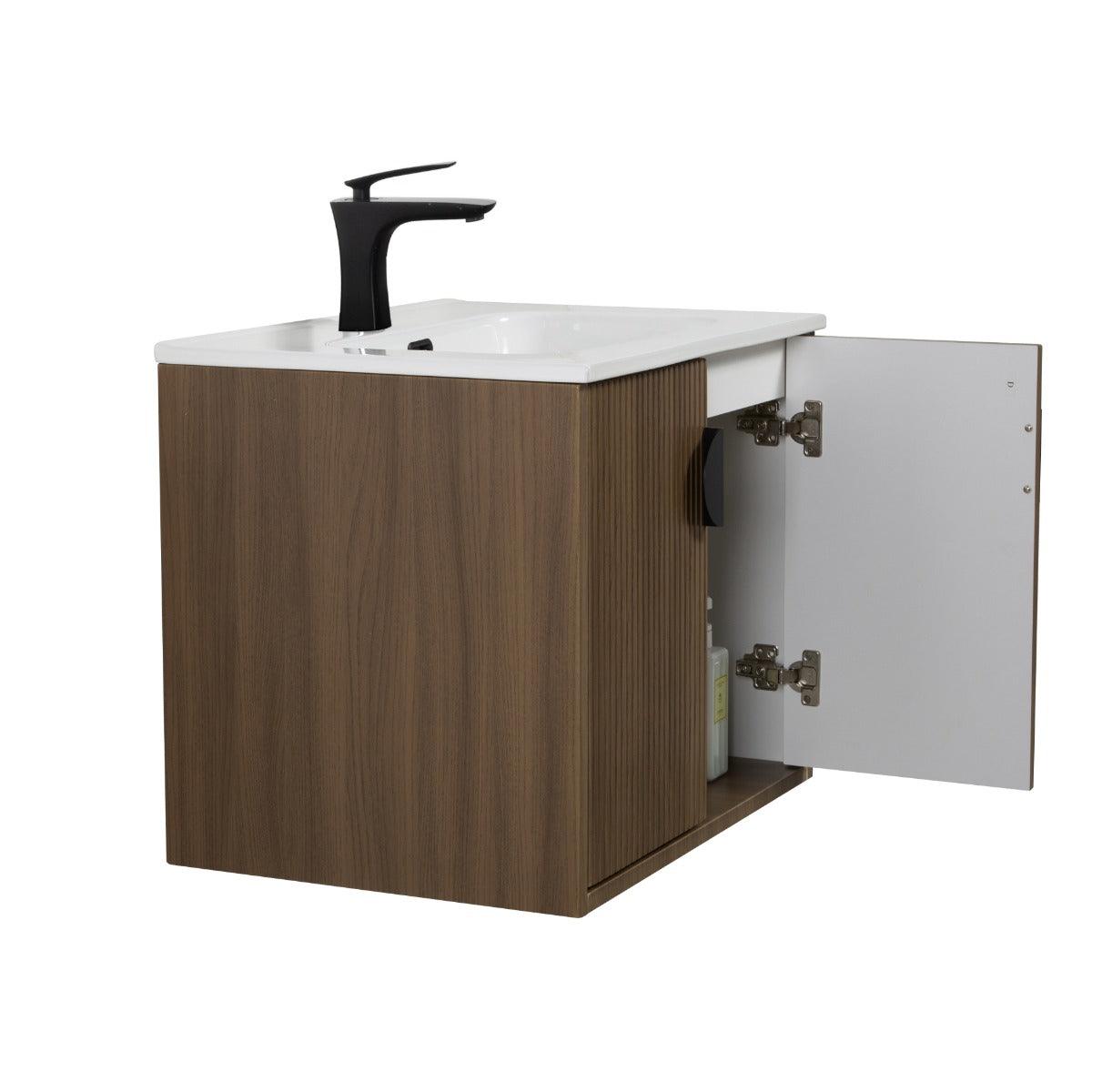 24" Oak Wall Mount Single Sink Bathroom Vanity with White Ceramic Countertop Sudbury – Image 4