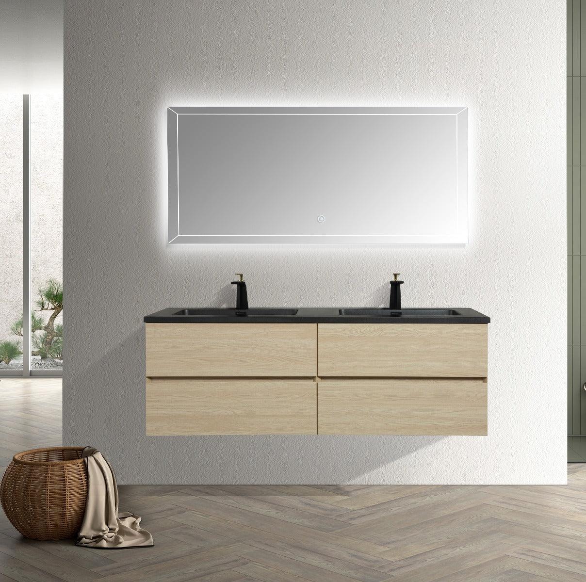 60" Wheat Wall Mount Double Sink Bathroom Vanity with Black Engineered Quartz Countertop – Image 2