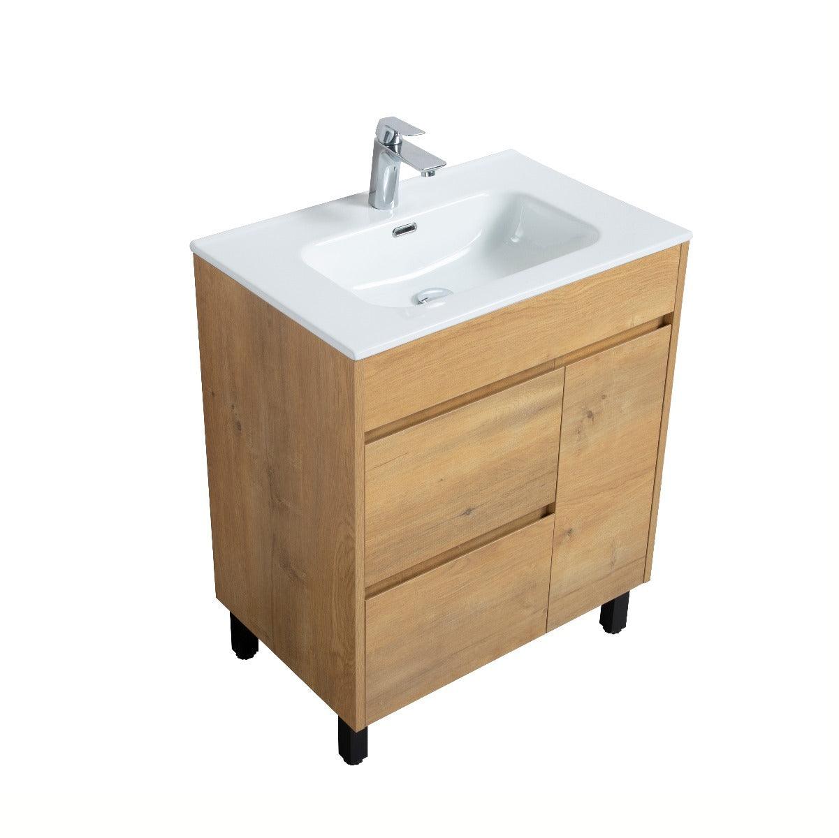 30" Rough Oak Freestanding Bathroom Vanity with White Ceramic Countertop – Image 3