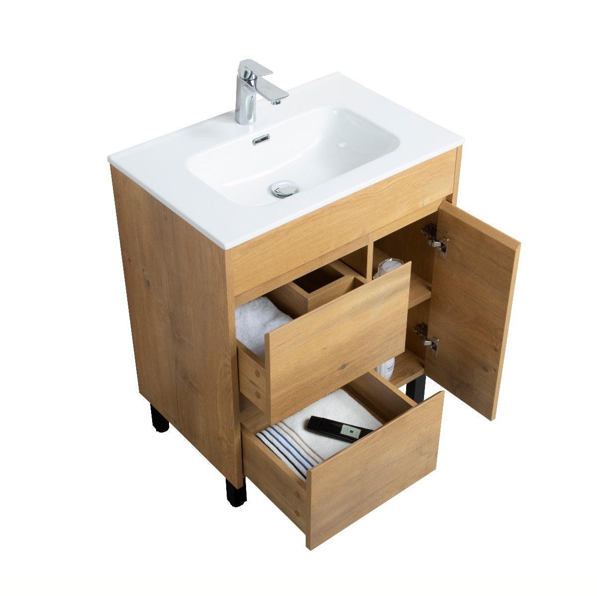 30" Rough Oak Freestanding Bathroom Vanity with White Ceramic Countertop – Image 4