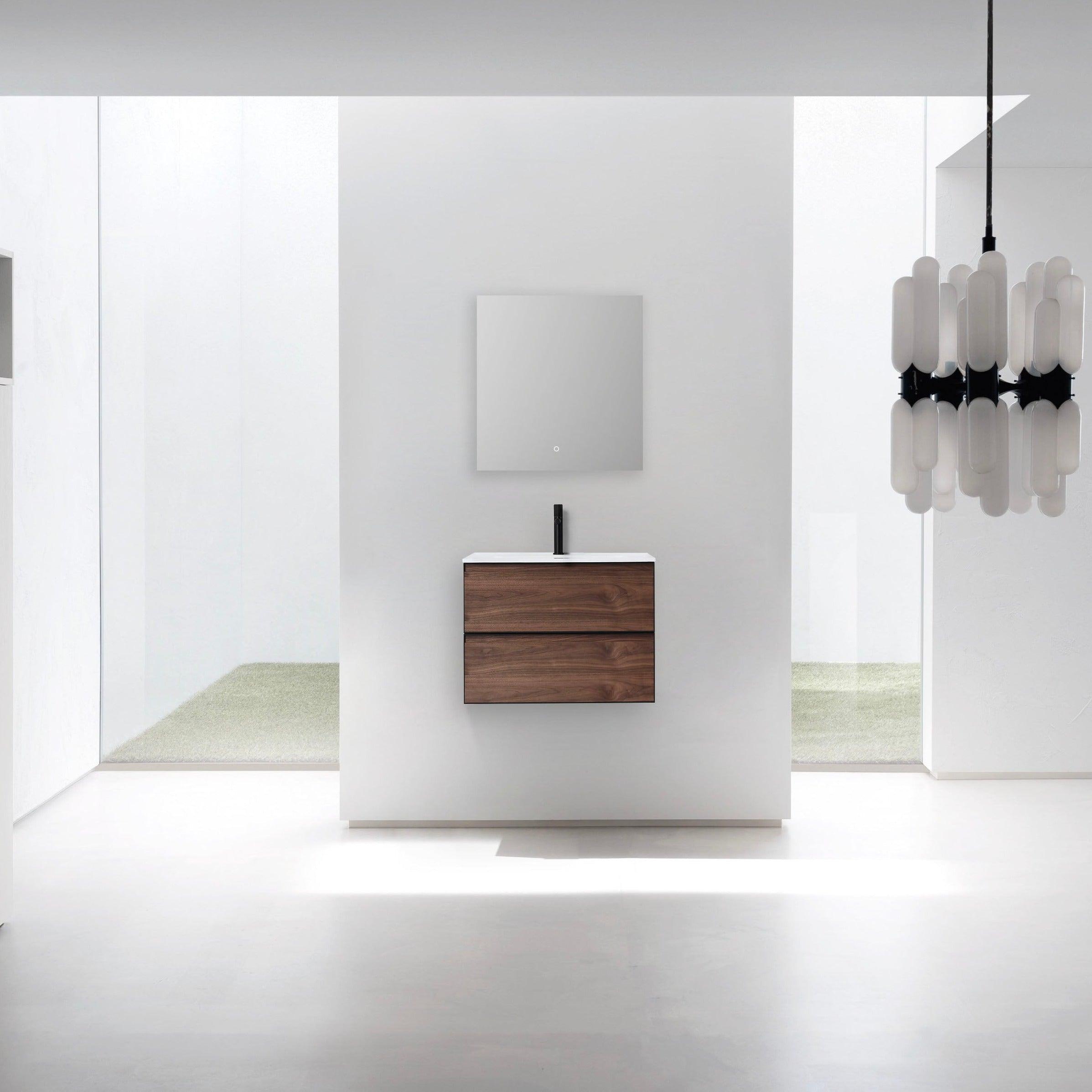 30" Walnut Wall Mount Bathroom Vanity with White Solid surface Countertop – Image 7