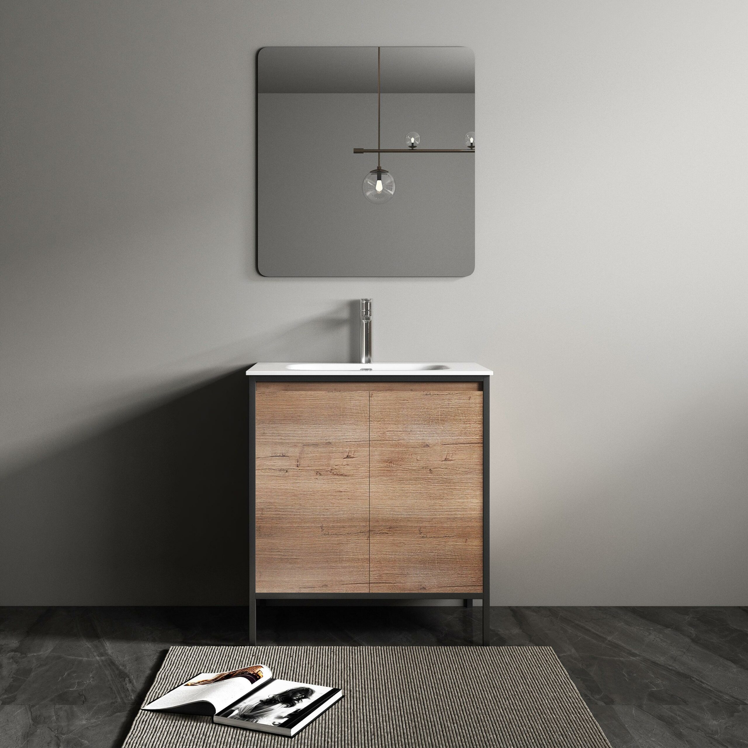 30" Rough Oak and Black Metal Frame Freestanding Single Sink Bathroom Vanity with White Ceramic Countertop - Image 1