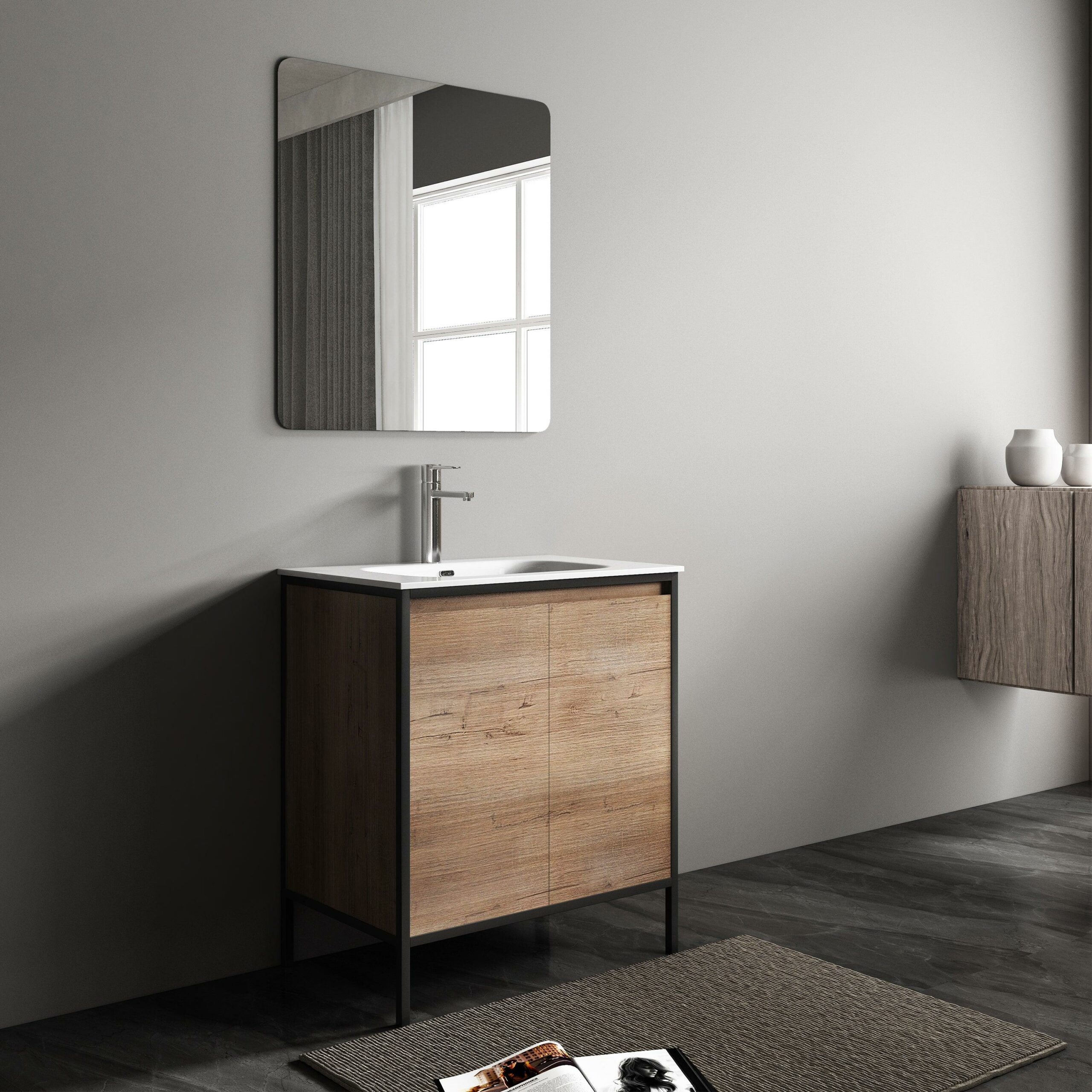 30" Rough Oak and Black Metal Frame Freestanding Single Sink Bathroom Vanity with White Ceramic Countertop - Image 5