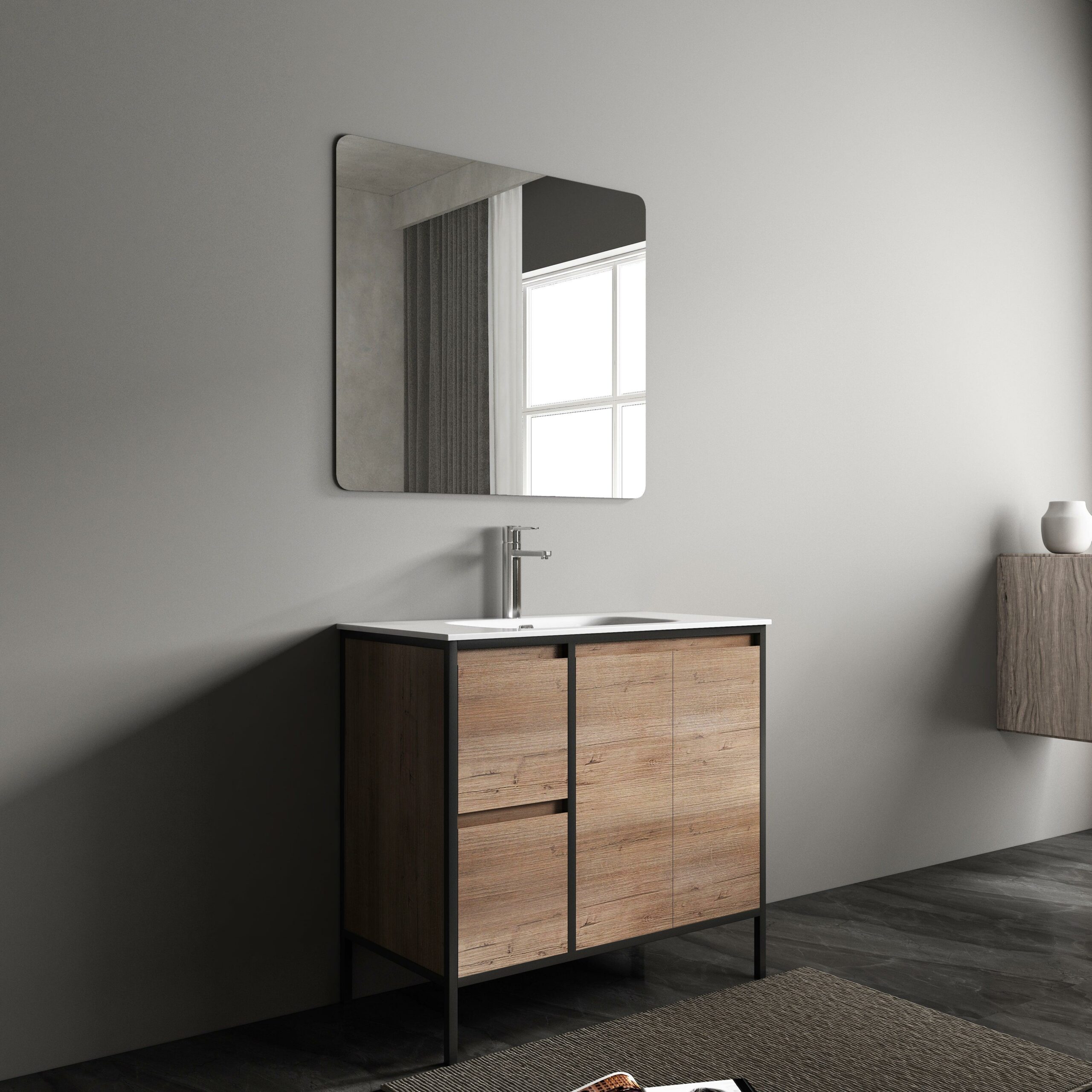 36" Rough Oak and Black Metal Frame Freestanding Single Sink Bathroom Vanity with White Ceramic Countertop - Image 5