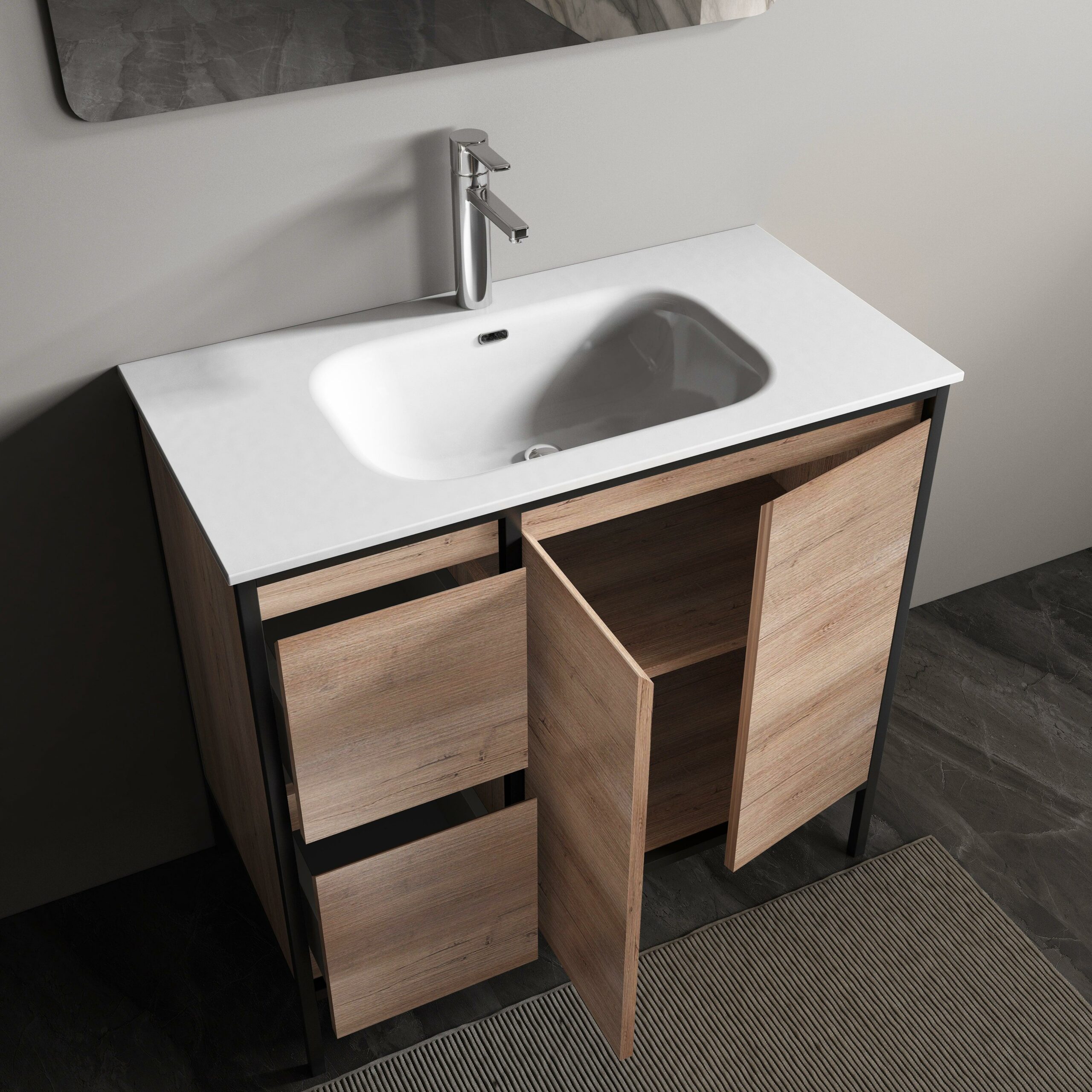 36" Rough Oak and Black Metal Frame Freestanding Single Sink Bathroom Vanity with White Ceramic Countertop - Image 6