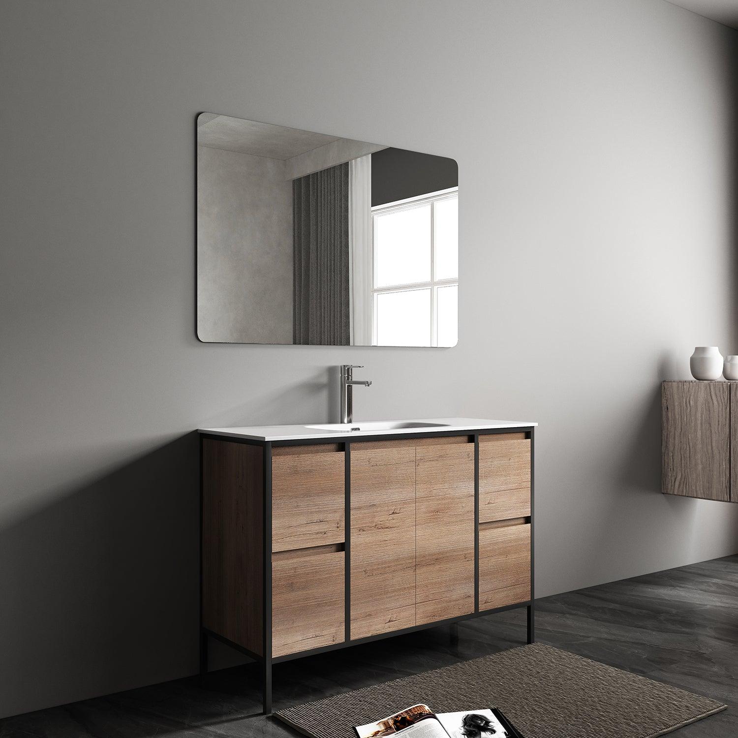 48" Rough Oak and Black Metal Frame Freestanding Single Sink Bathroom Vanity with White Ceramic Countertop - Image 6