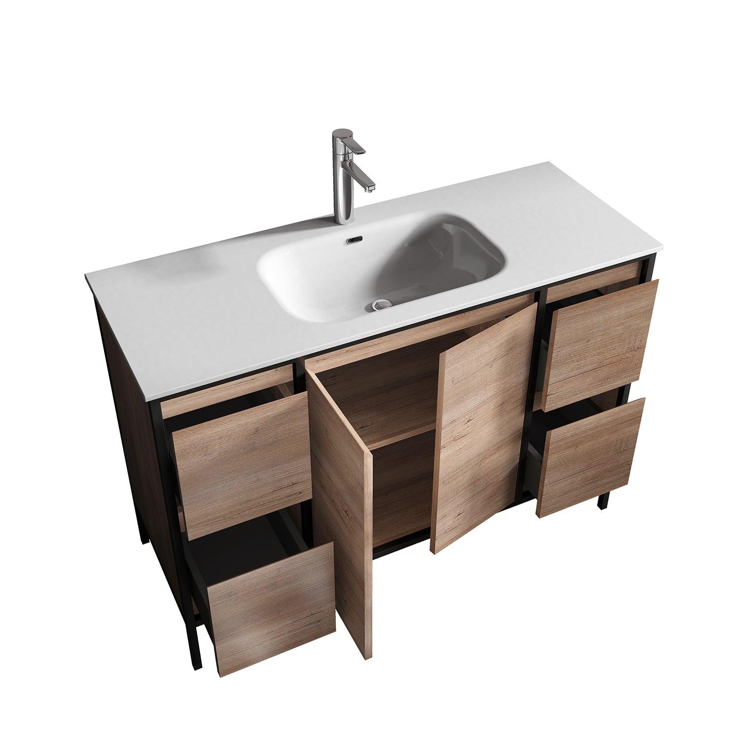 48" Rough Oak and Black Metal Frame Freestanding Single Sink Bathroom Vanity with White Ceramic Countertop - Image 4