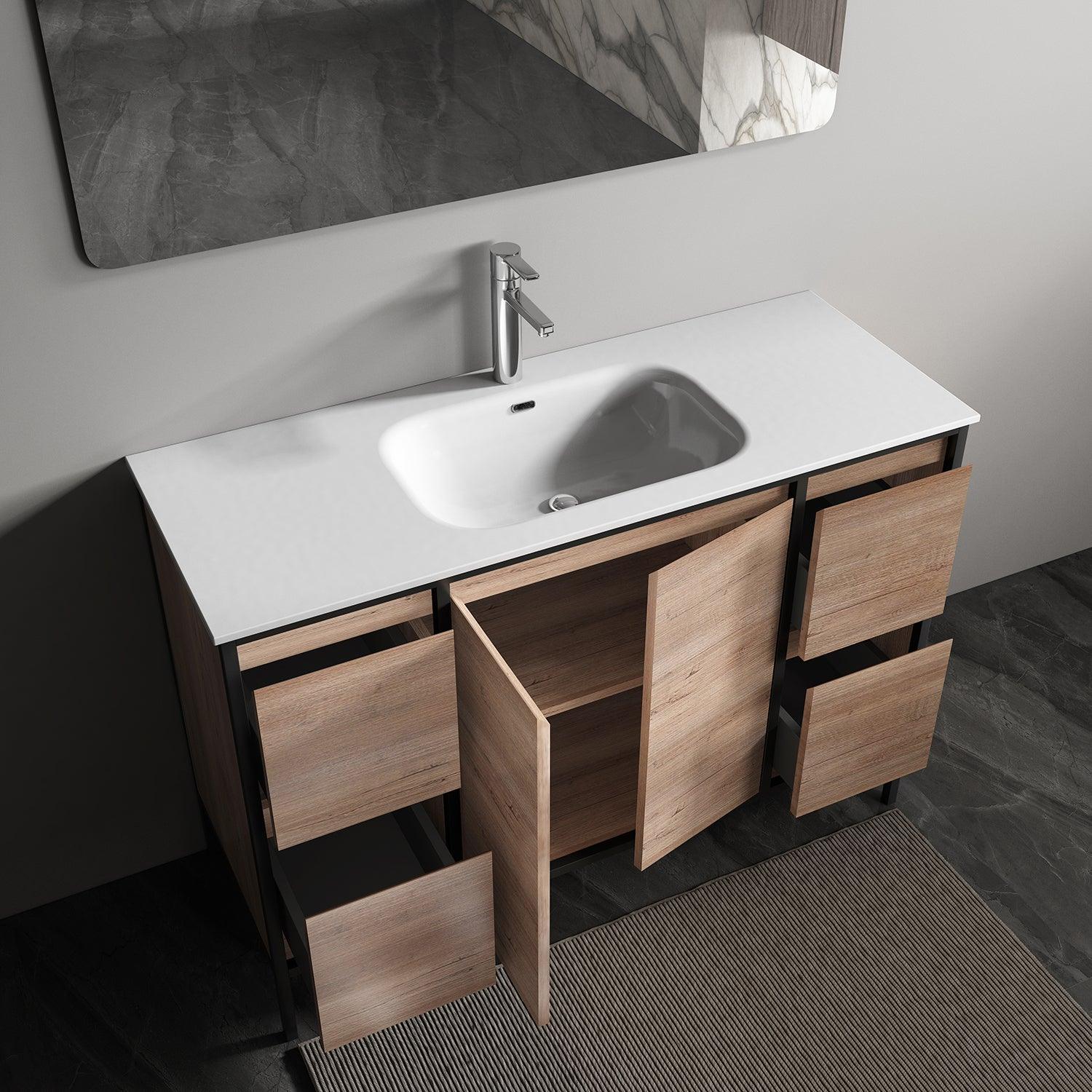 48" Rough Oak and Black Metal Frame Freestanding Single Sink Bathroom Vanity with White Ceramic Countertop - Image 7