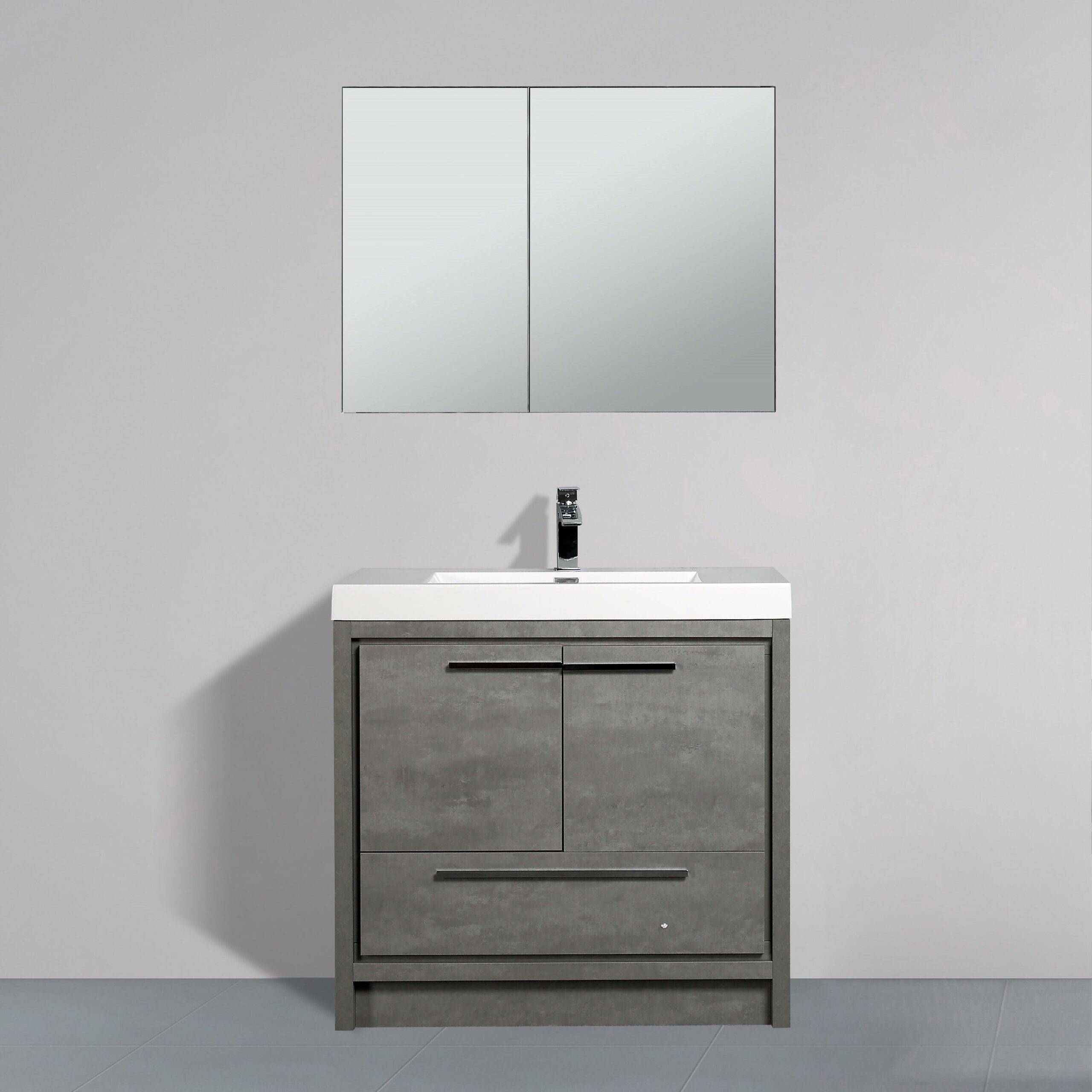36" Cement Freestanding Bathroom Vanity with White Polymarble Countertop – Image 1
