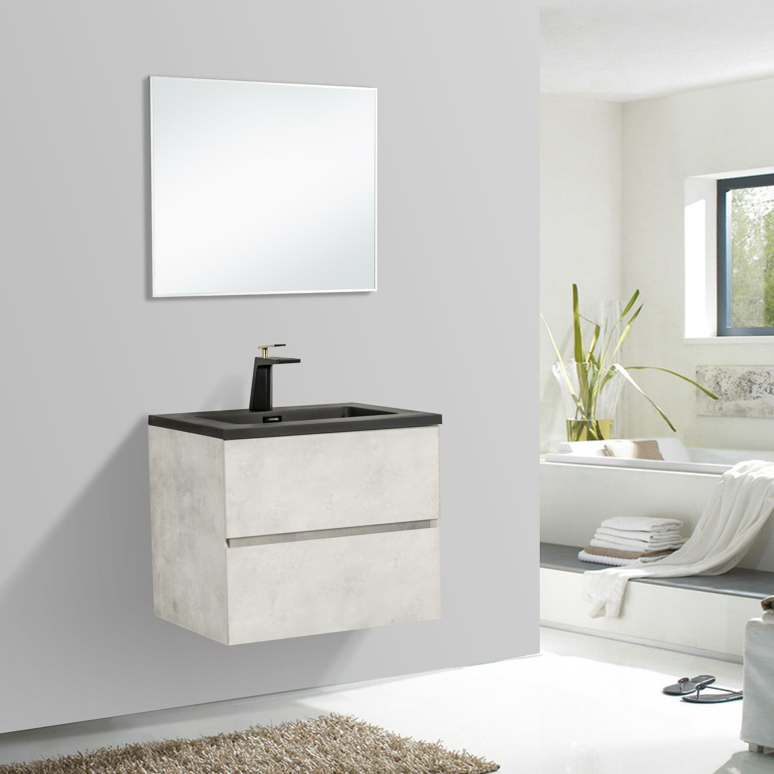 24" Grey Wall Mount Bathroom Vanity with Black Engineered Quartz Countertop – Image 2