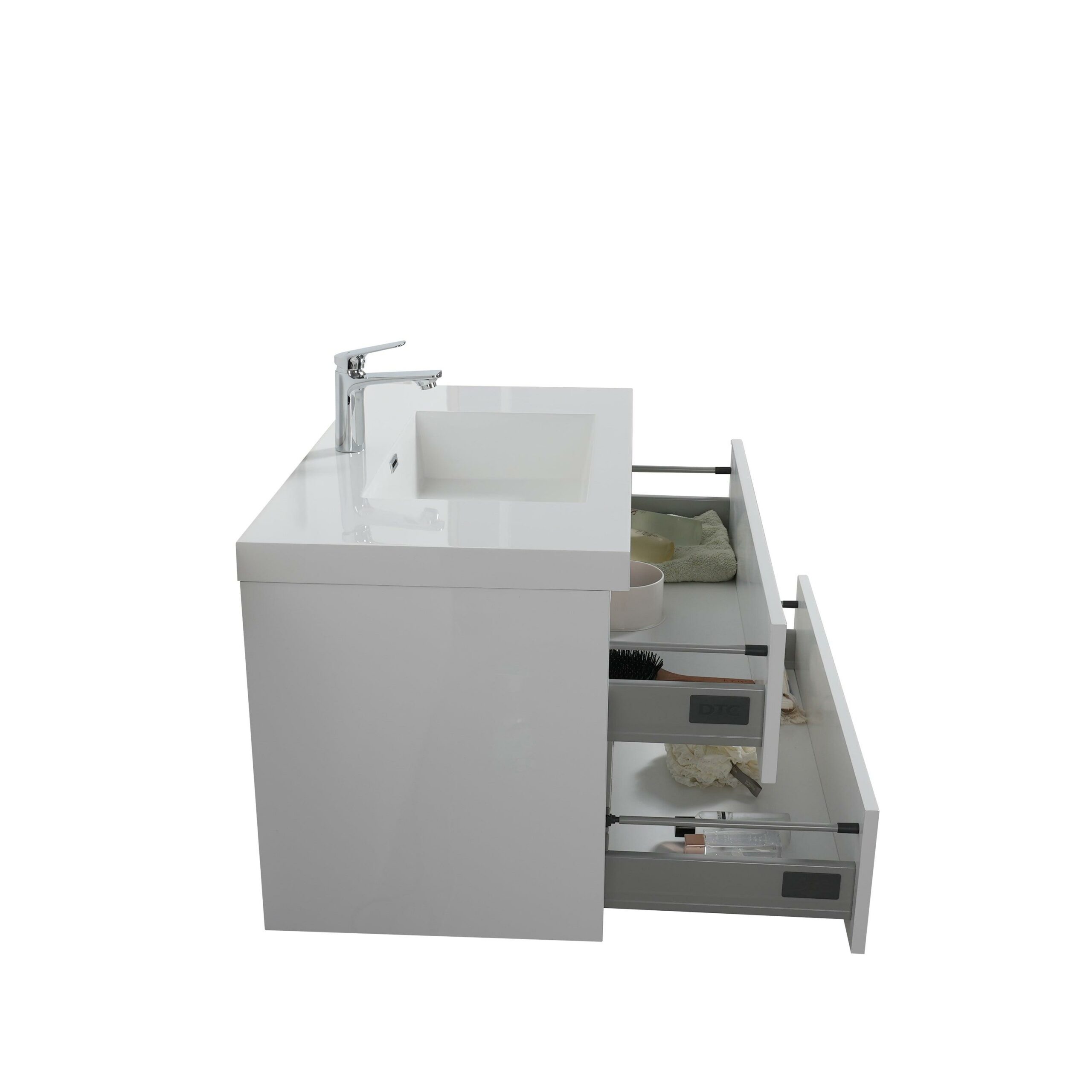 36" Glossy White Wall Mount Light-Up Bathroom Vanity with White Polymarble Countertop – Image 4