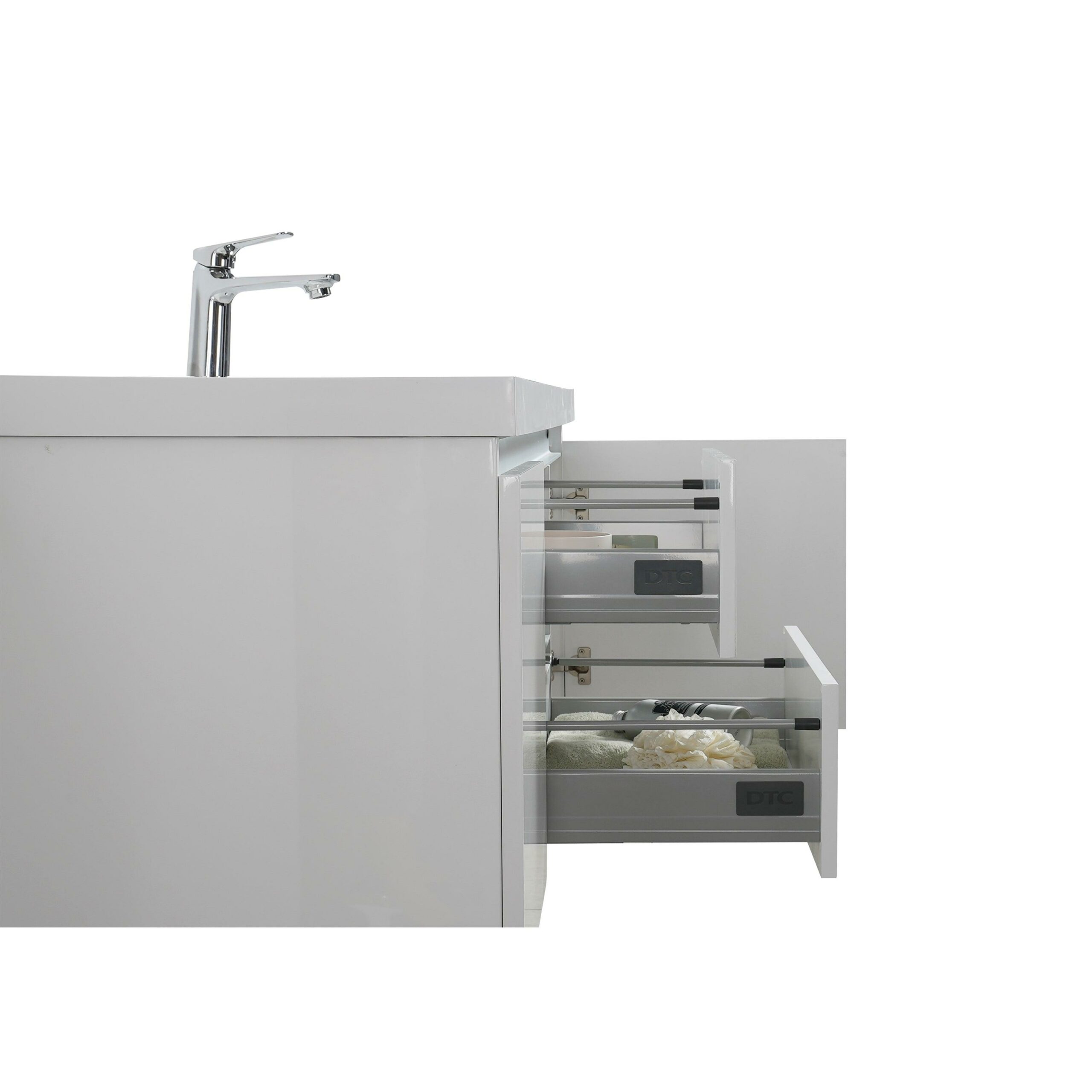 48" Glossy White Wall Mount Light-Up Bathroom Vanity with White Polymarble Countertop – Image 4