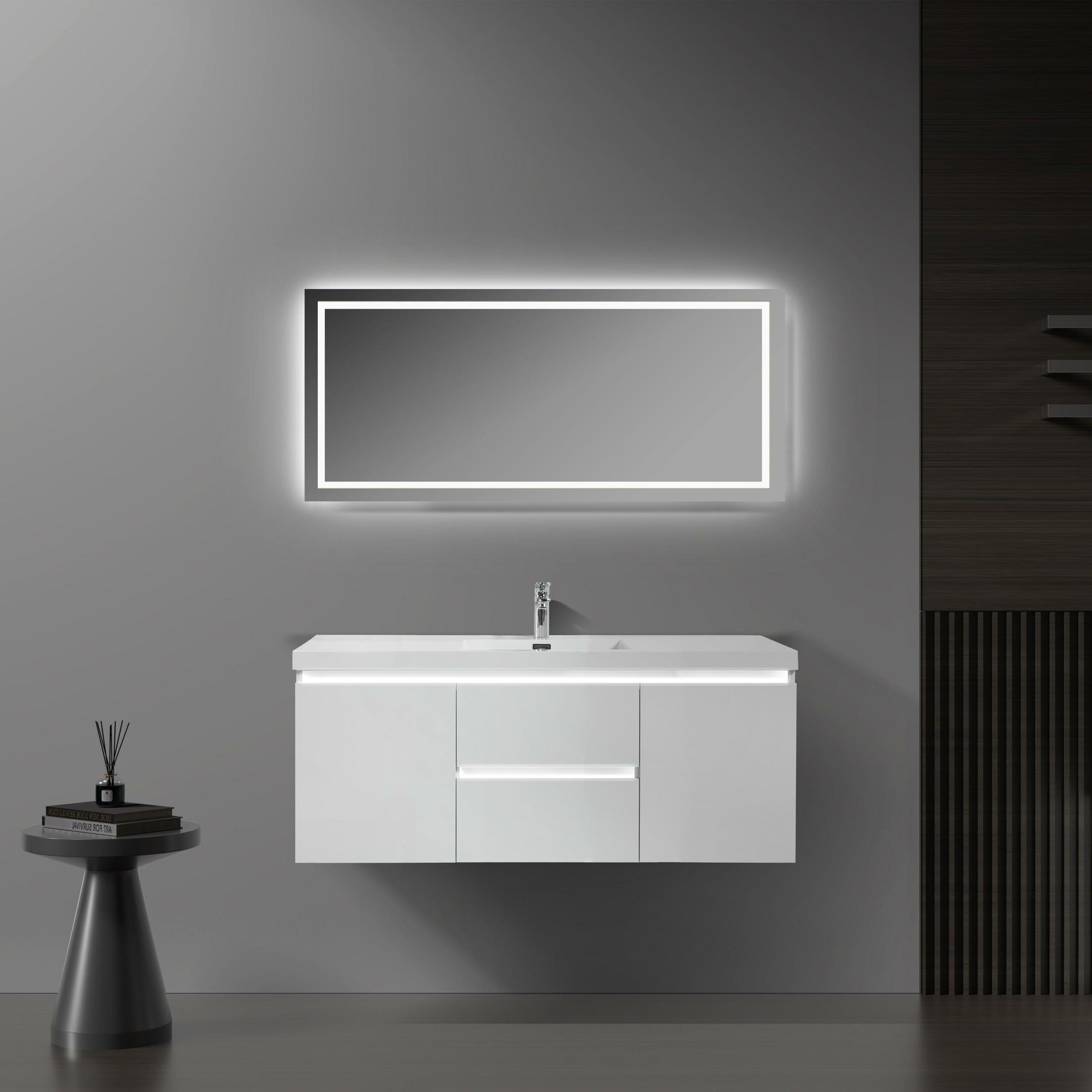 48" Glossy White Wall Mount Light-Up Bathroom Vanity with White Polymarble Countertop - Image 1