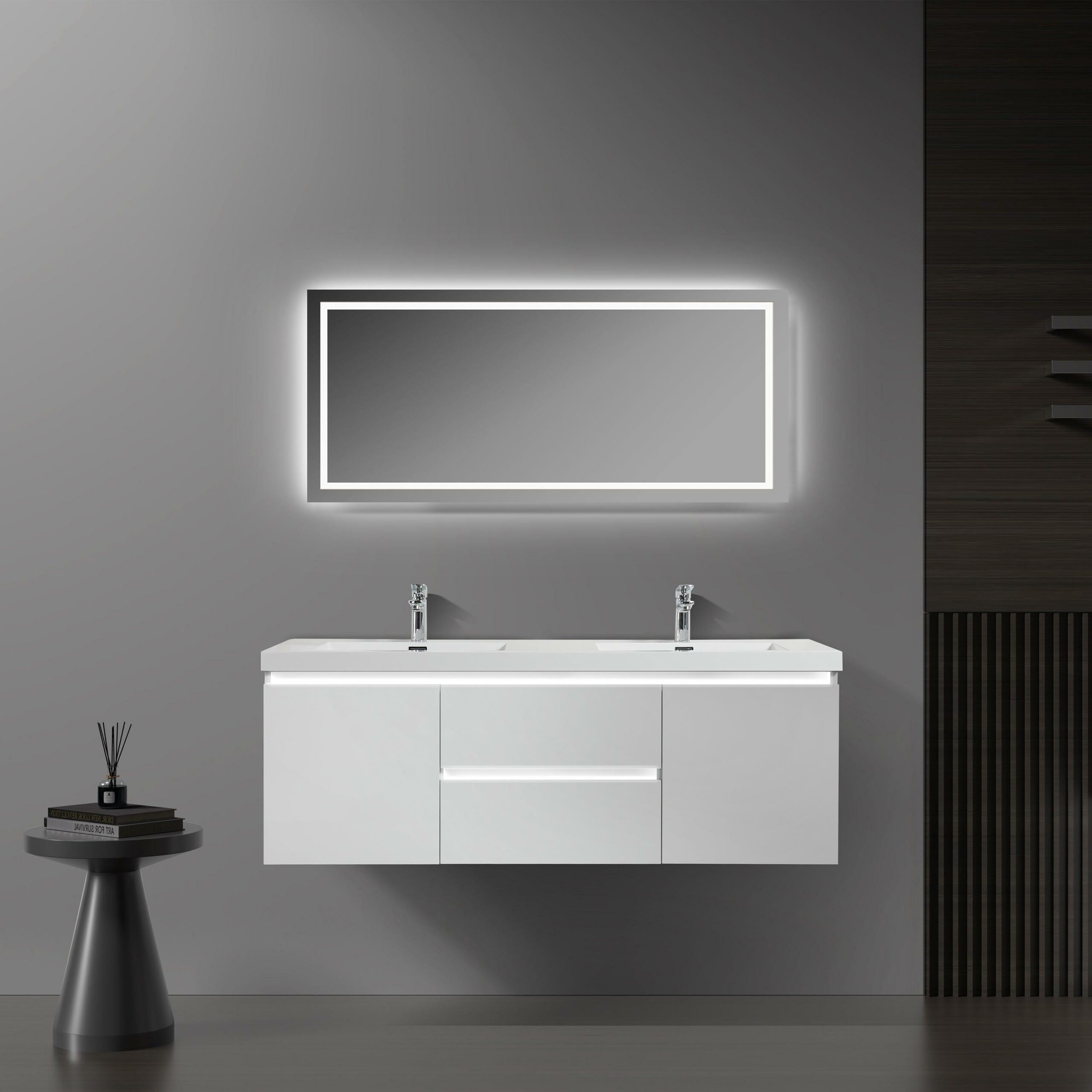 60" Glossy White Wall Mount Light-Up Double Sink Bathroom Vanity with White Polymarble Countertop - Image 1