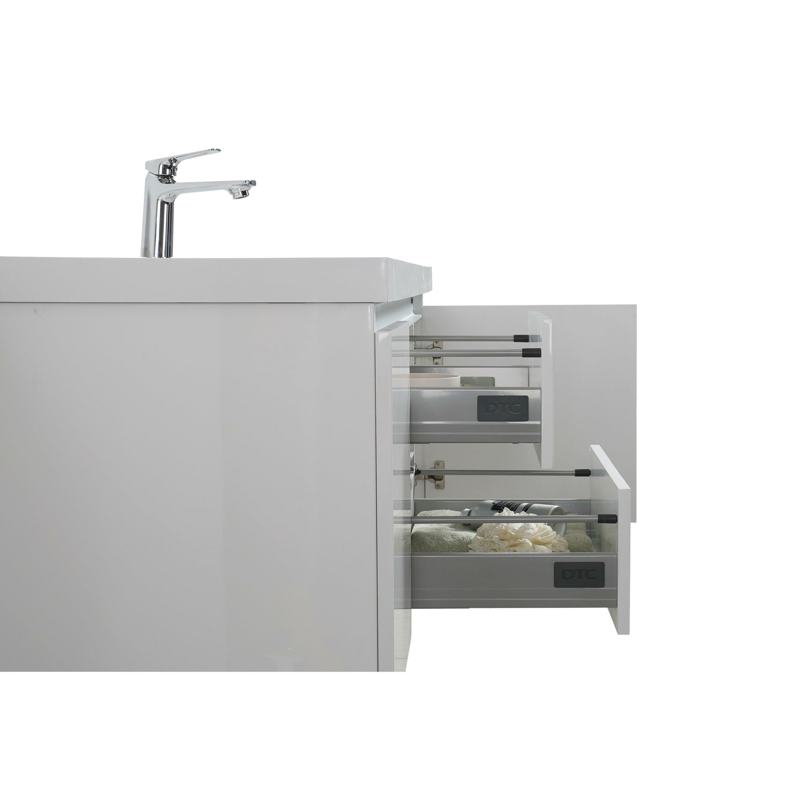 60" Glossy White Wall Mount Light-Up Bathroom Vanity with White Polymarble Countertop – Image 5