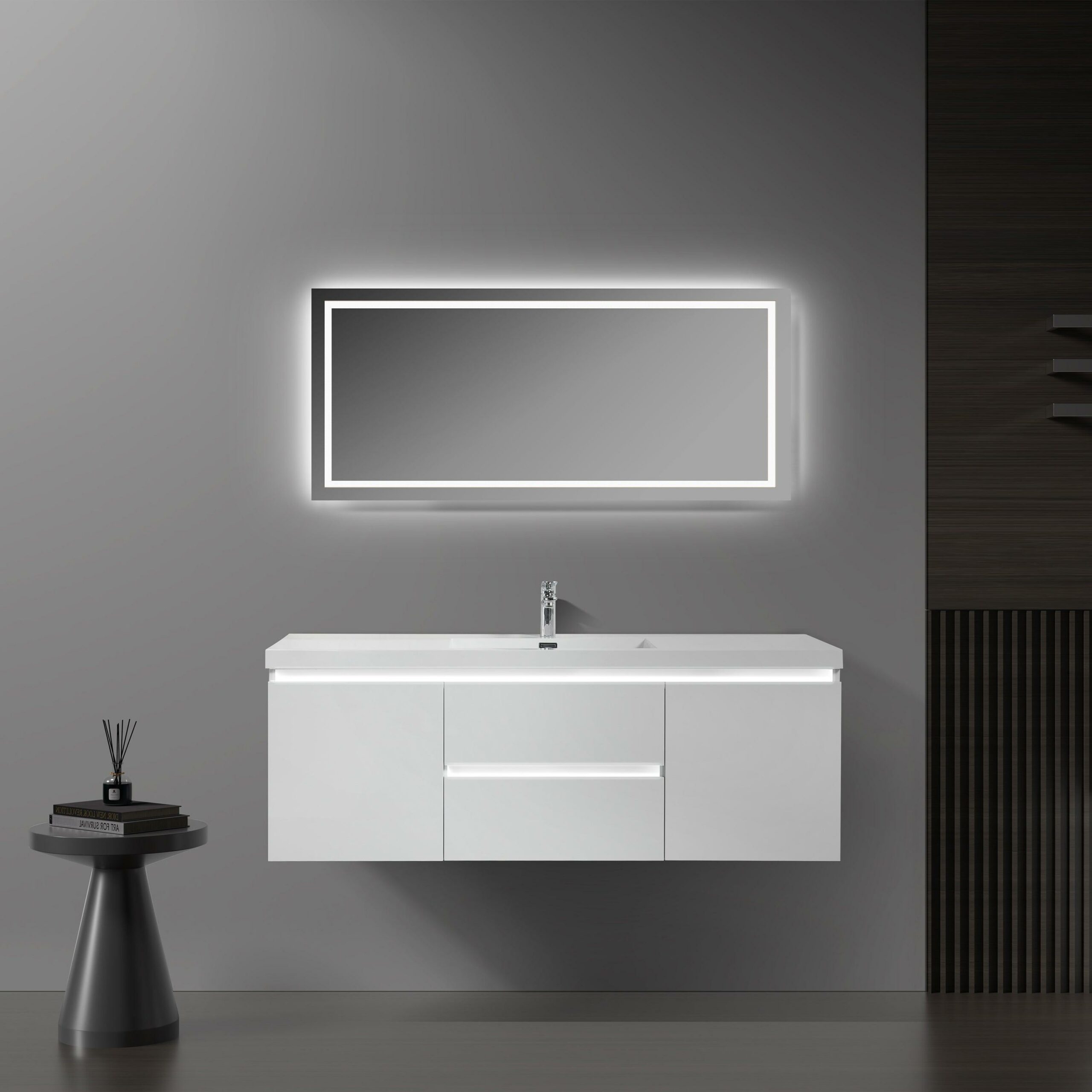 60" Glossy White Wall Mount Light-Up Bathroom Vanity with White Polymarble Countertop – Image 1