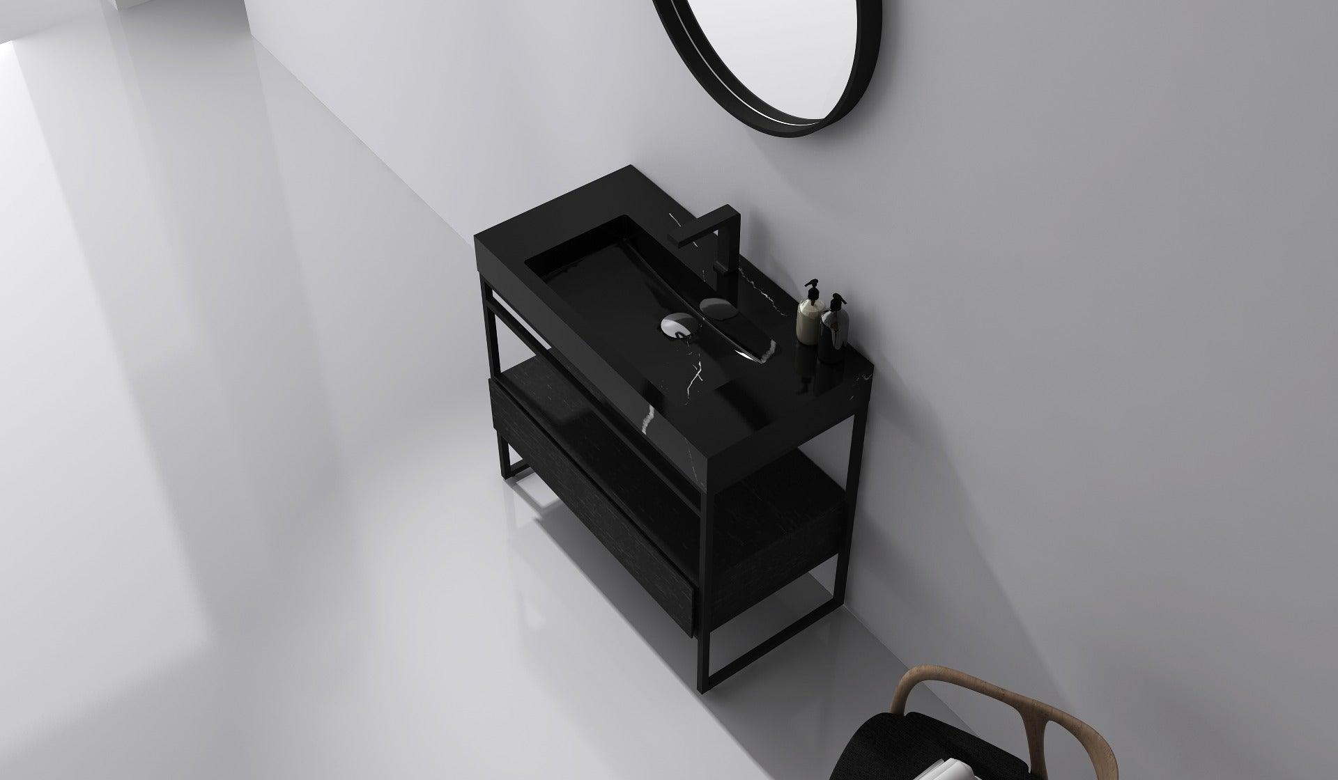 36" Black Oak Freestanding Bathroom Vanity with Black Marble Countertop – Image 5