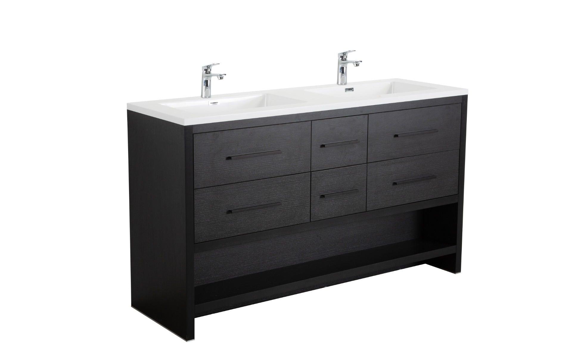 72" Black Rough Oak Freestanding Double Sink Bathroom Vanity with White Polymarble Countertop – Image 3