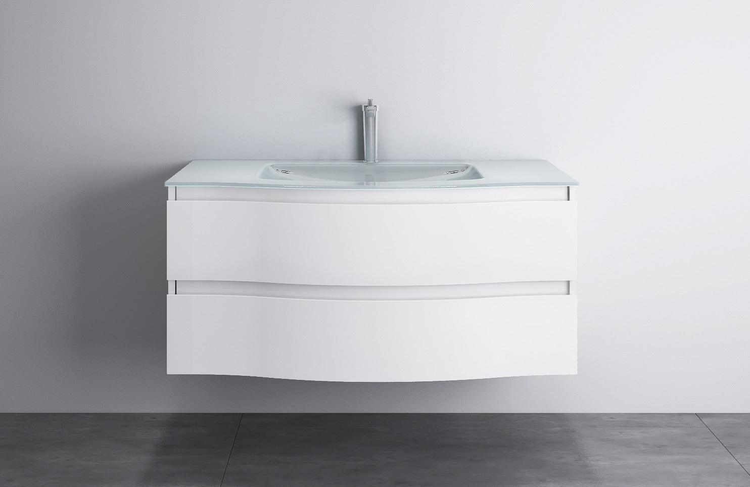 48" White Wall Mount Single Sink Bathroom Vanity with White Glass Countertop Wave - Image 1
