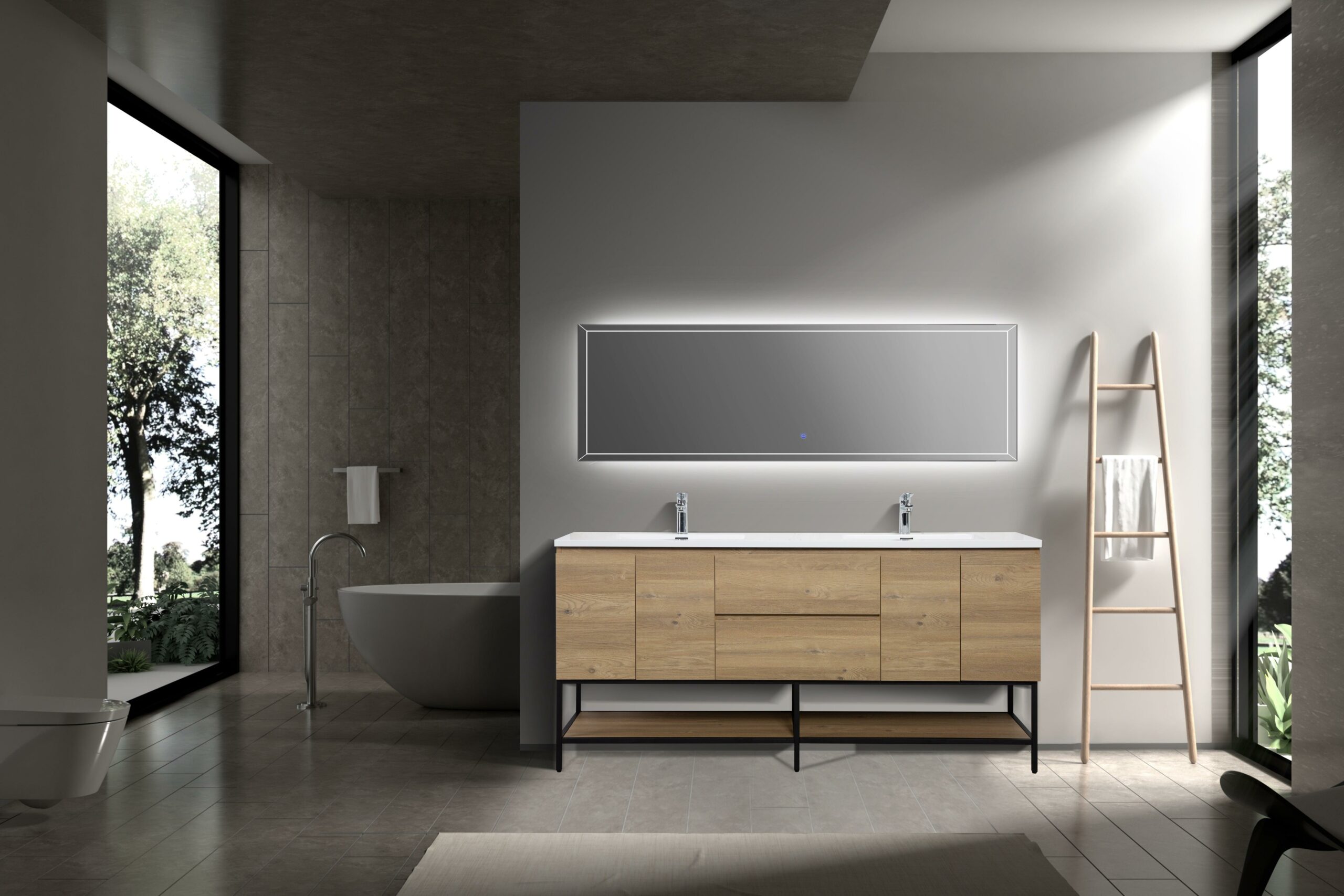 72" Rough Oak Wall Mount Double Sink Bathroom Vanity with White Polymarble Countertop - Image 1