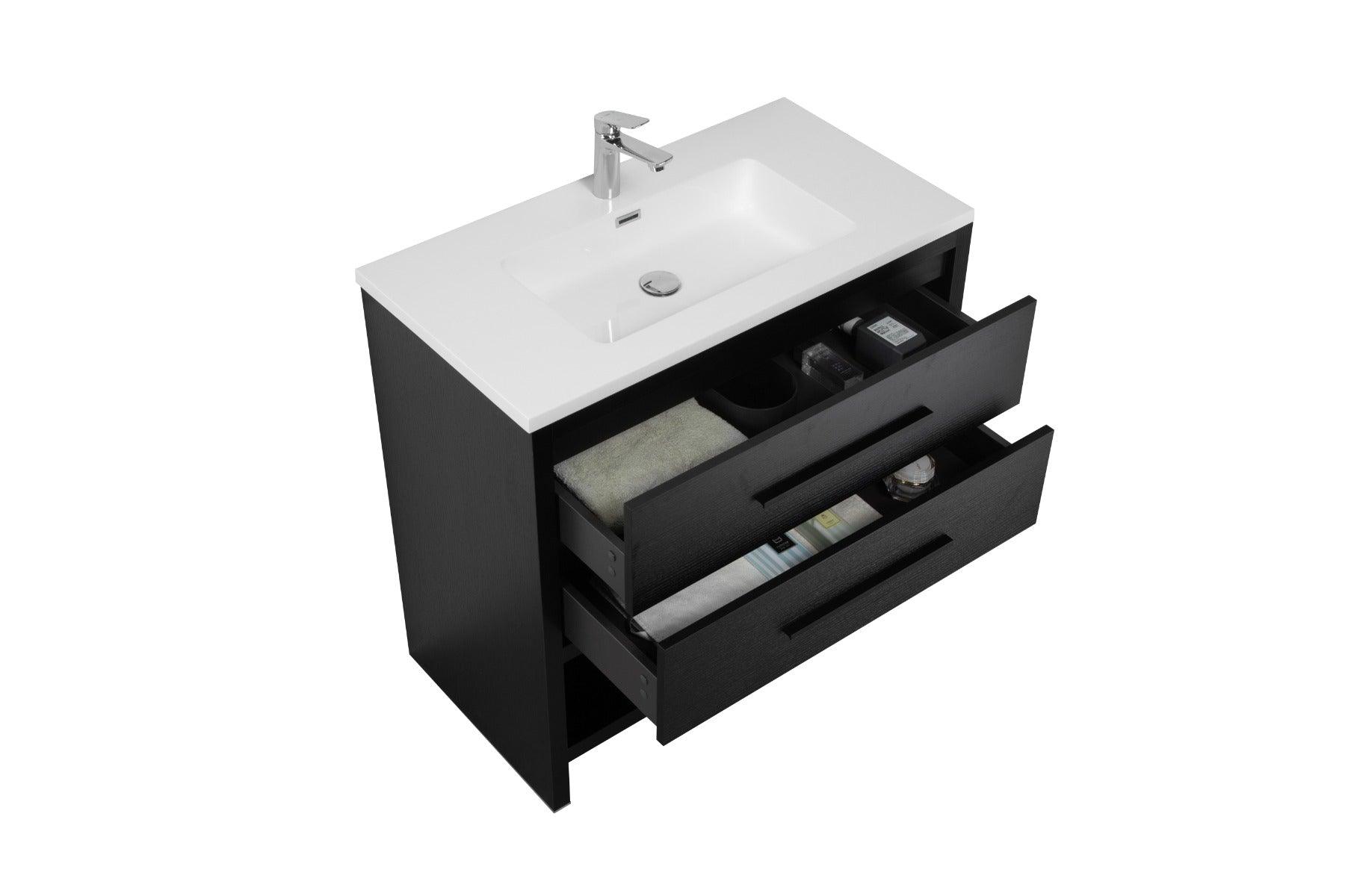 36" Black Rough Oak Freestanding Bathroom Vanity with White Polymarble Countertop – Image 5