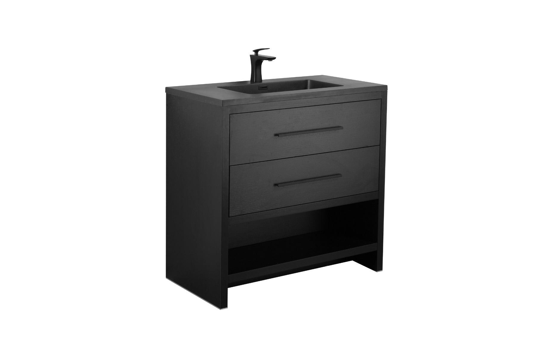 36" Black Rough Oak Freestanding Bathroom Vanity with Black Engineered Quartz Countertop – Image 3