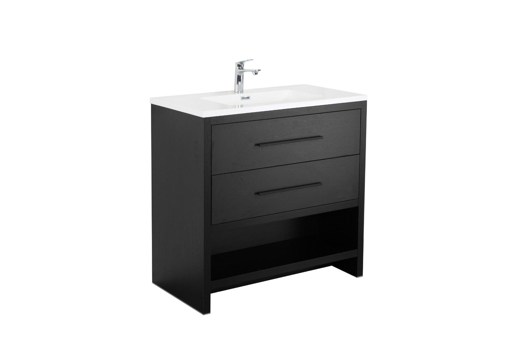 36" Black Rough Oak Freestanding Bathroom Vanity with White Polymarble Countertop – Image 3