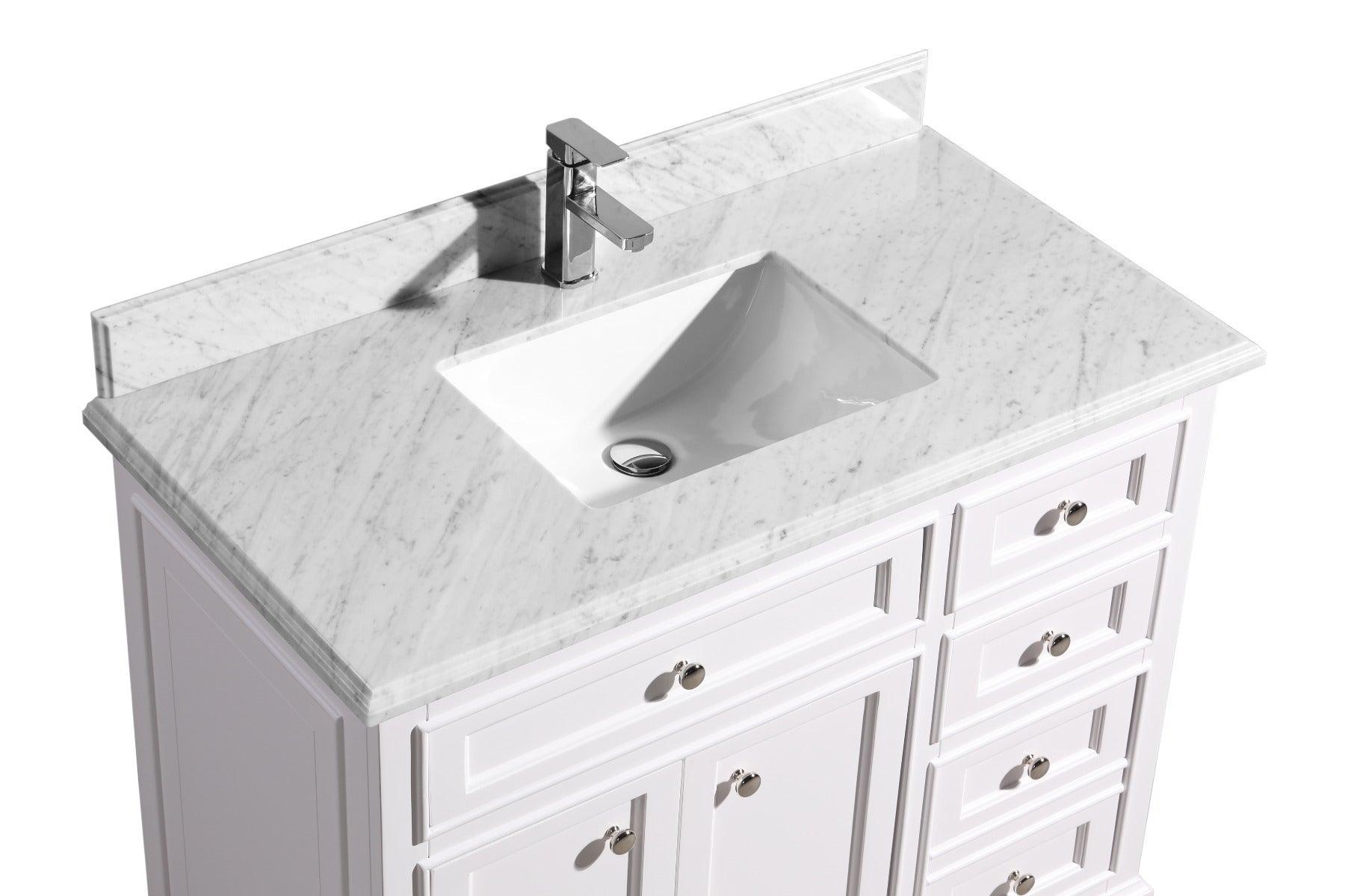 42" White Freestanding Bathroom Vanity with Carrera Marble Countertop – Image 4