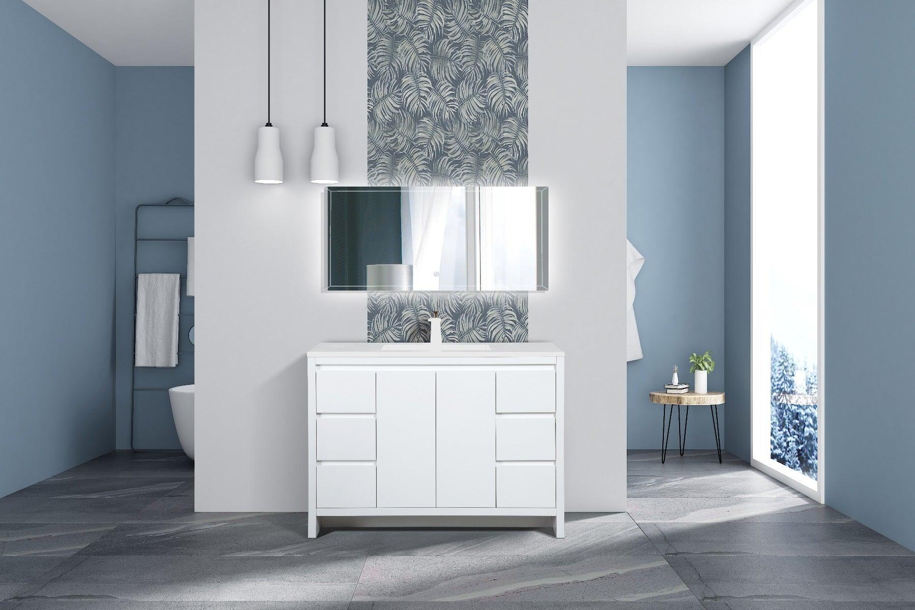 48" Glossy White Freestanding Bathroom Vanity with White Polymarble Countertop – Image 2