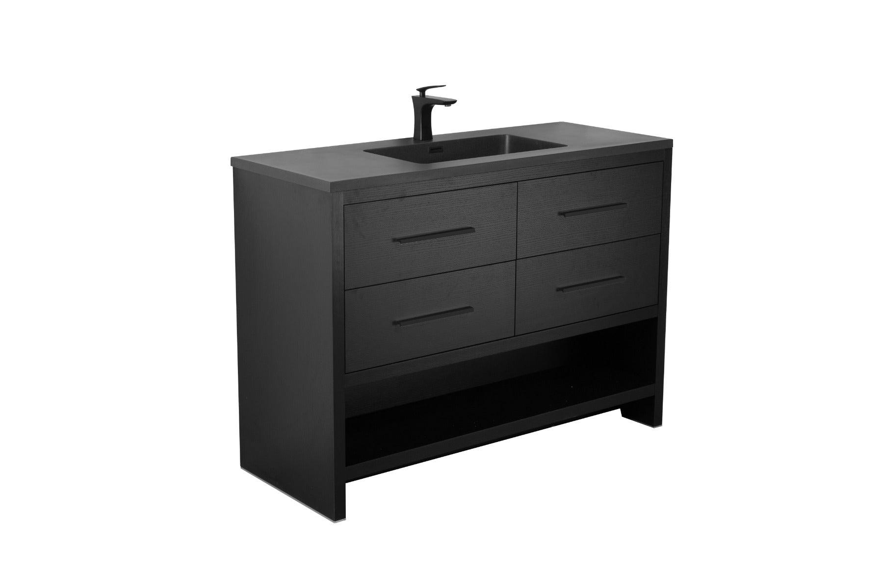 48" Black Rough Oak Freestanding Bathroom Vanity with Black Engineered Quartz Countertop – Image 2
