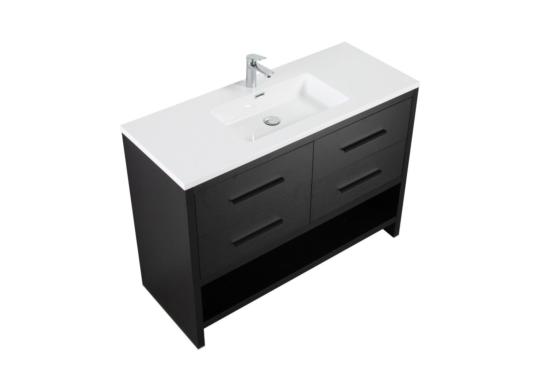 48" Black Rough Oak Freestanding Bathroom Vanity with White Polymarble Countertop – Image 4