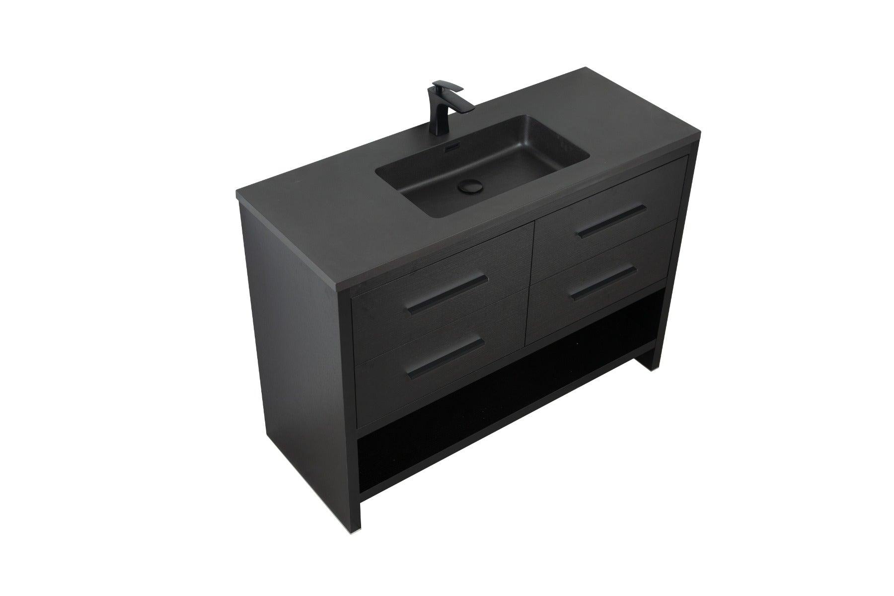 48" Black Rough Oak Freestanding Bathroom Vanity with Black Engineered Quartz Countertop – Image 3