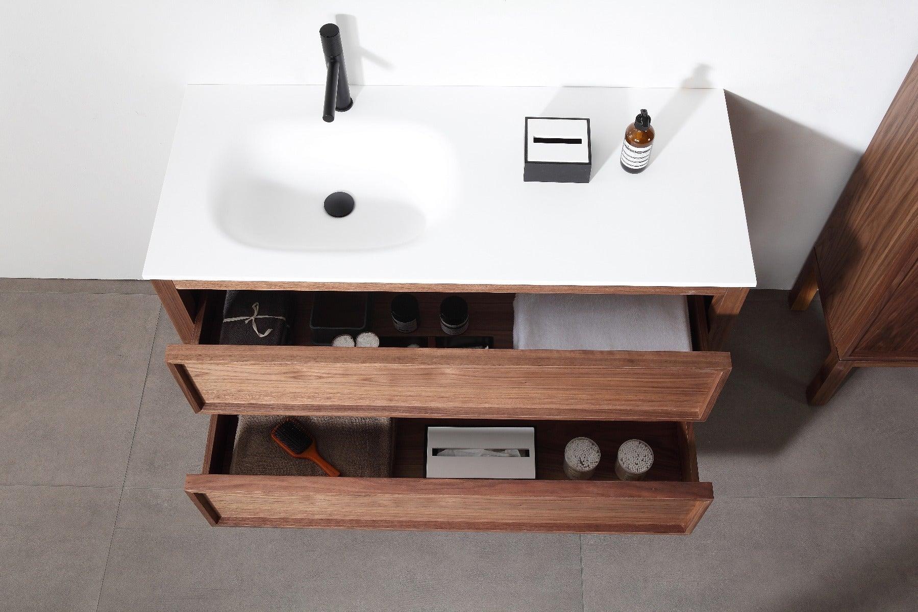 48" Natural Walnut Freestanding Single Sink Bathroom Vanity with White Solid surface Countertop Vista - Image 6