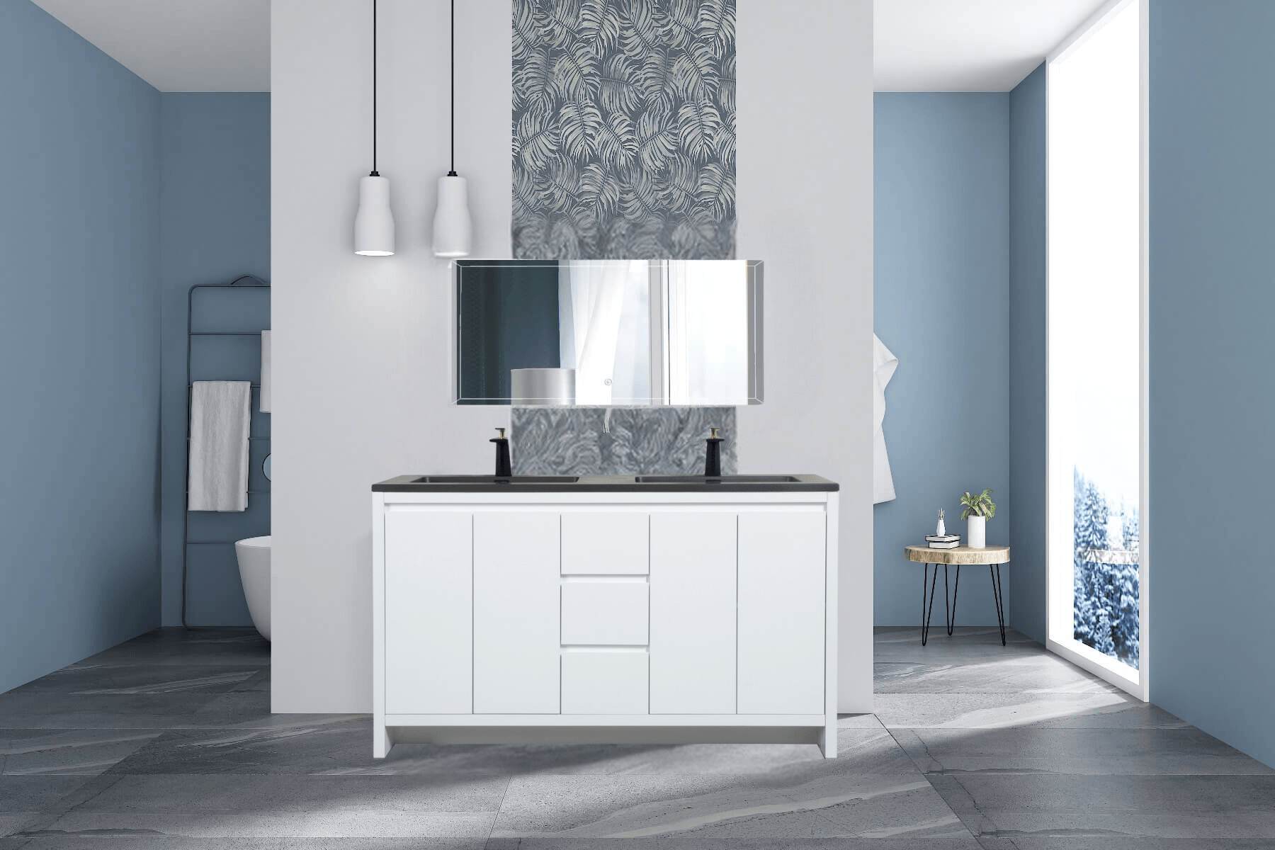 60" Glossy White Freestanding Double Sink Bathroom Vanity with Black Engineered Quartz Countertop - Image 1