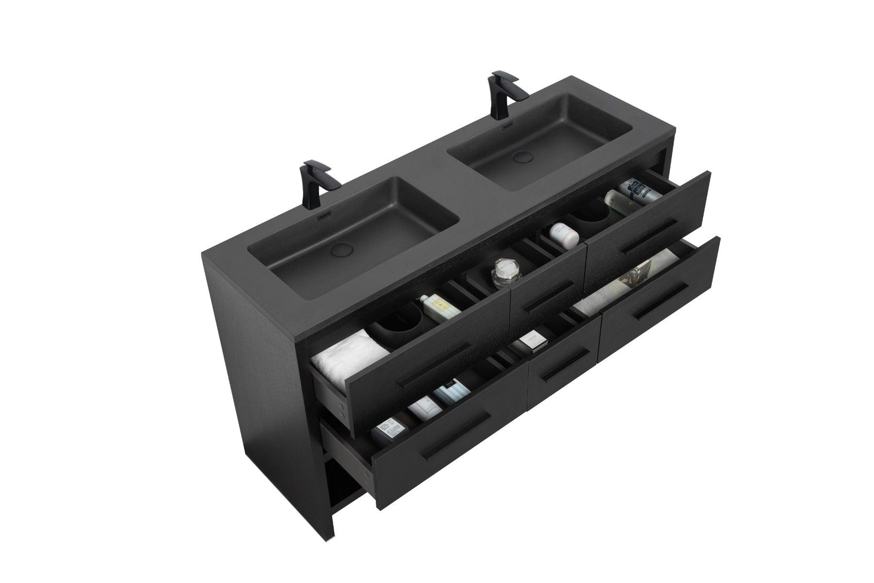 72" Black Rough Oak Freestanding Bathroom Vanity with Black Engineered Quartz Countertop – Image 6