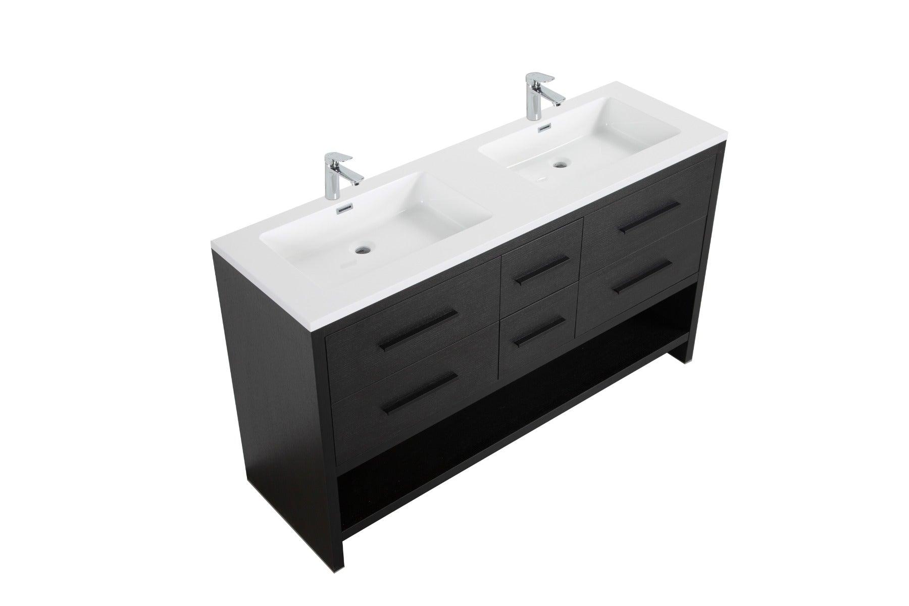 72" Black Rough Oak Freestanding Double Sink Bathroom Vanity with White Polymarble Countertop – Image 4
