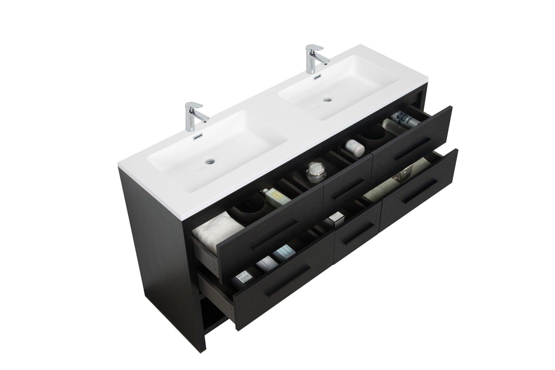 72" Black Rough Oak Freestanding Double Sink Bathroom Vanity with White Polymarble Countertop – Image 5