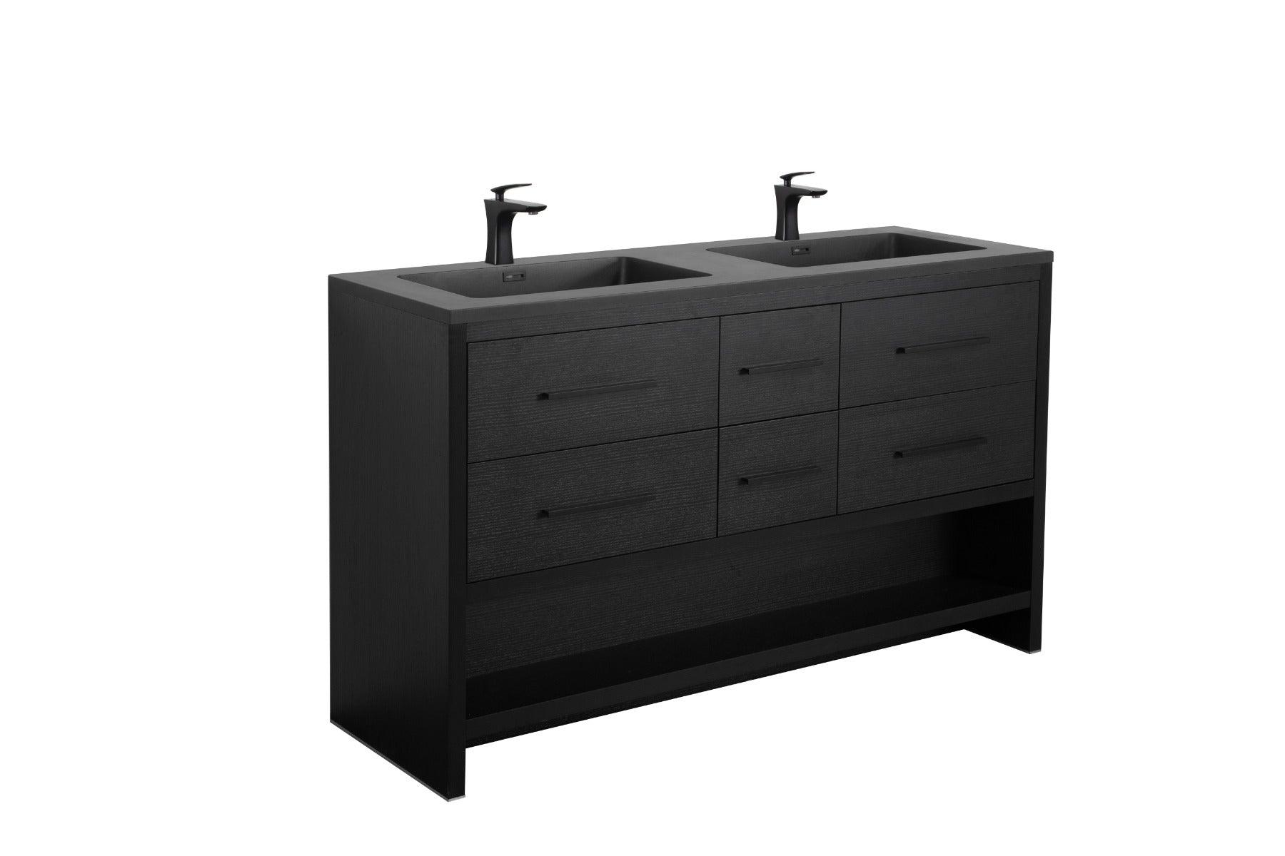 72" Black Rough Oak Freestanding Bathroom Vanity with Black Engineered Quartz Countertop – Image 4