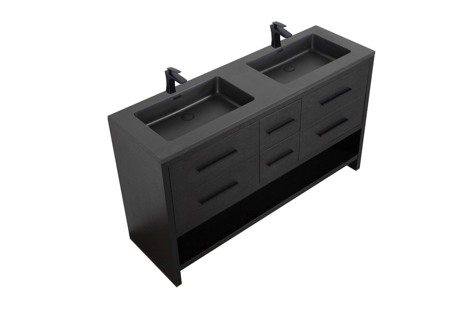 72" Black Rough Oak Freestanding Bathroom Vanity with Black Engineered Quartz Countertop – Image 5